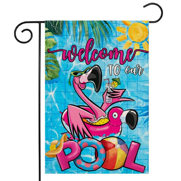 Flamingo Welcome to Our Pool Garden Flag 12x18 Double Sided Outdoor Small Yard Flag for Summer Swimming Pool Party Decoration