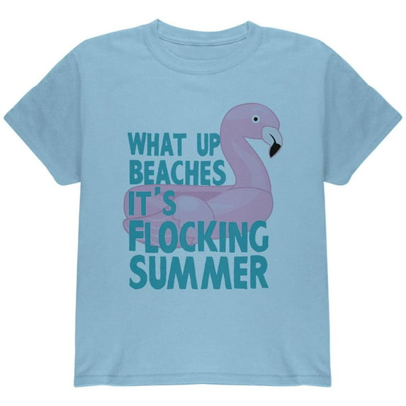 Flamingo What Up Beaches It's Flocking Summer Funny Pun Youth T Shirt Light Pink YXL