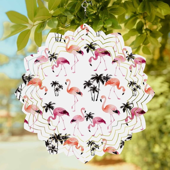 Flamingo Wind Spinner for Garden Yard 8In, Watercolor Pink Orange Flamingo Tropical Coconut Tree 3D Stainless Steel Kinetic Hanging Wind Spinners Rustproof Outdoor Decor for Lawn Patio Home