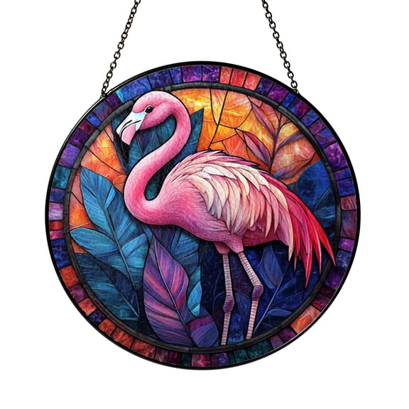 Flamingo Window Stained Glass Panel Vibrant Floral Tropical Decor Hanging Coastal Home Accent