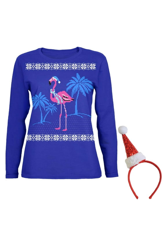 Flamingo Winter Ugly Christmas Sweater Womens Long Sleeve T Shirt with Santa Party Hat Headband