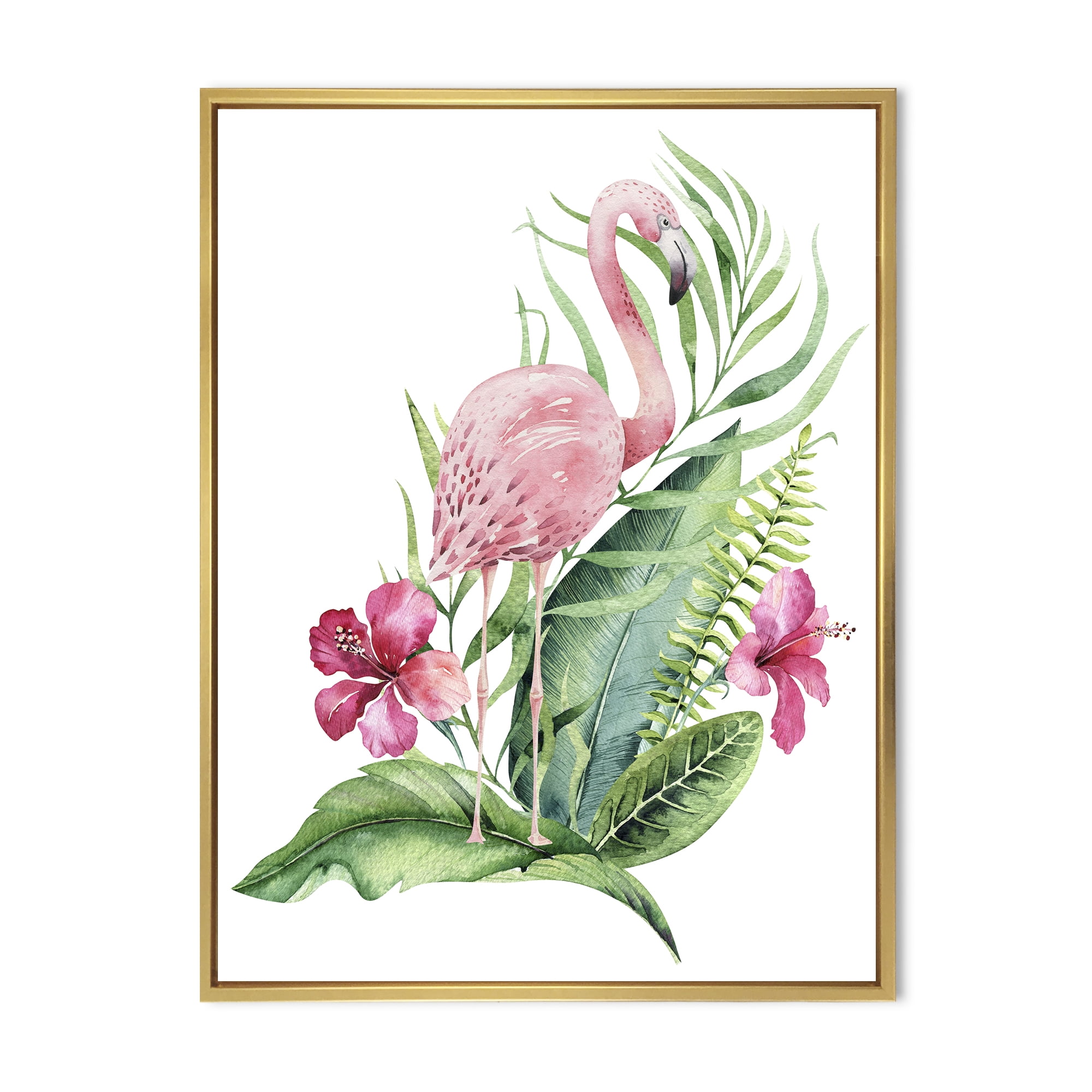 Flamingo With Pink Flowers and Exotic Foliage 16 in x 32 in Framed Painting Canvas Art Print, by Designart