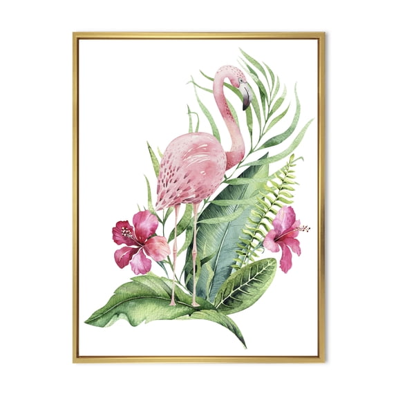 Flamingo With Pink Flowers and Exotic Foliage 16 in x 32 in Framed Painting Canvas Art Print, by Designart