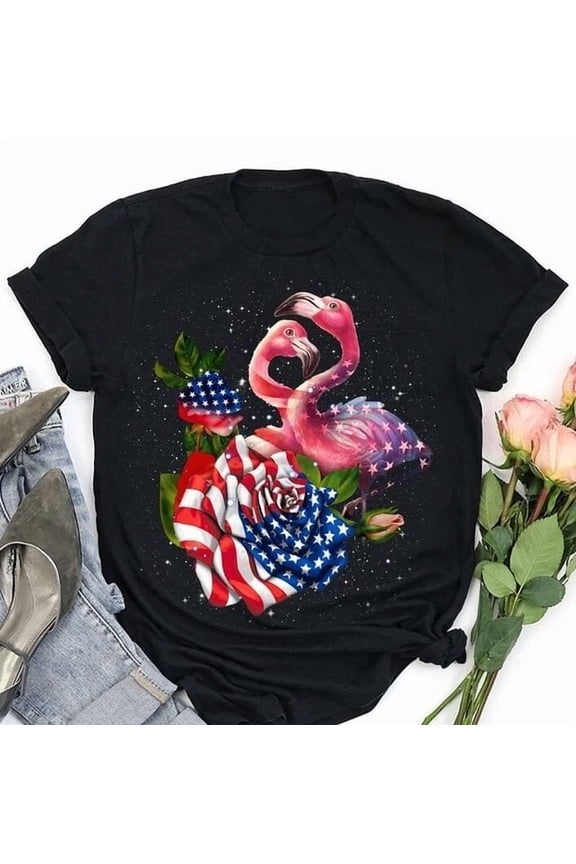 Flamingo With Roses America Flag Unisex S-5XL Hot Trending Shirt, Vintage Birthday Gift