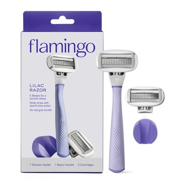 Flamingo Women's Razor Shaving Set with Razor Handle and 5-Blade Razor Cartridges, Lilac, 4 Piece