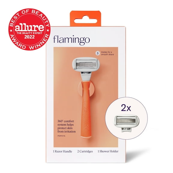 Flamingo Women's Razor Shaving Set with Razor Handle and 5-Blade Razor Cartridges, Papaya, 4 Piece