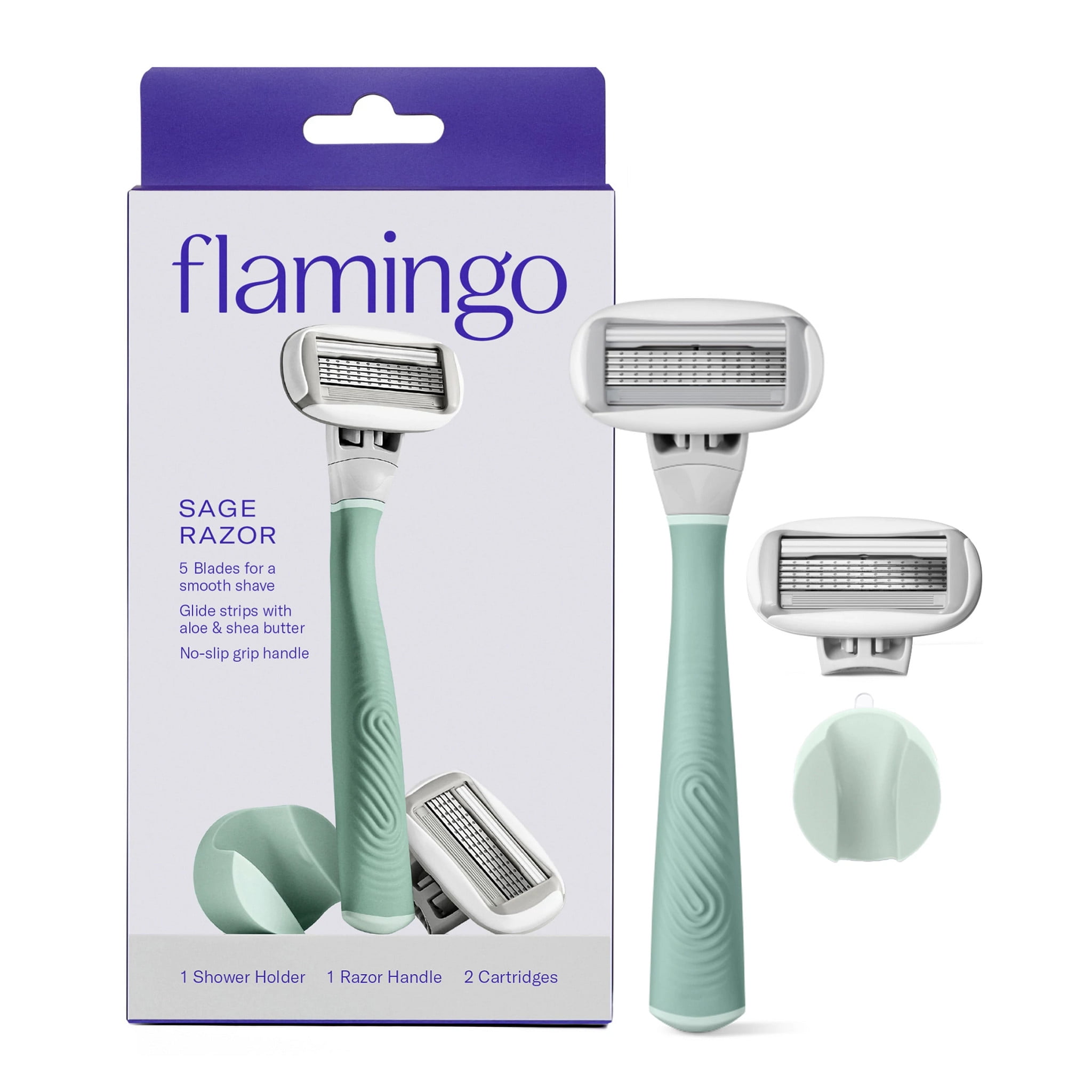 Flamingo Women's Razor Shaving Set with Razor Handle and 5-Blade Razor Cartridges, Sage, 4 Piece