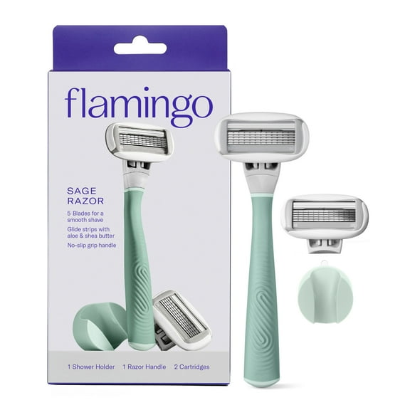 Flamingo Women's Razor Shaving Set with Razor Handle and 5-Blade Razor Cartridges, Sage, 4 Piece