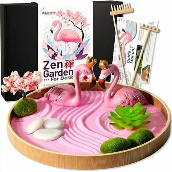 Flamingo Zen Garden Kit for Desk, Cute Japanese Flamingos Gifts for Women, Mini Zen Garden Sand Tray, Pink Room Decor Aesthetic, Home Office Desk Decorations, Sand Therapy Kit