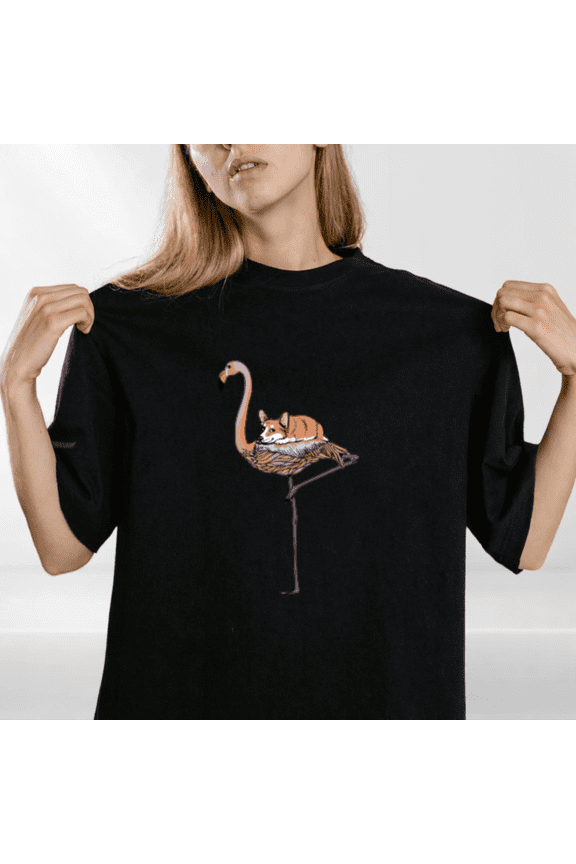 Flamingo and Corgi Funny Dog Bird Friend Aesthetic Graphic Cotton T Shirt,for unisex up to 5XL