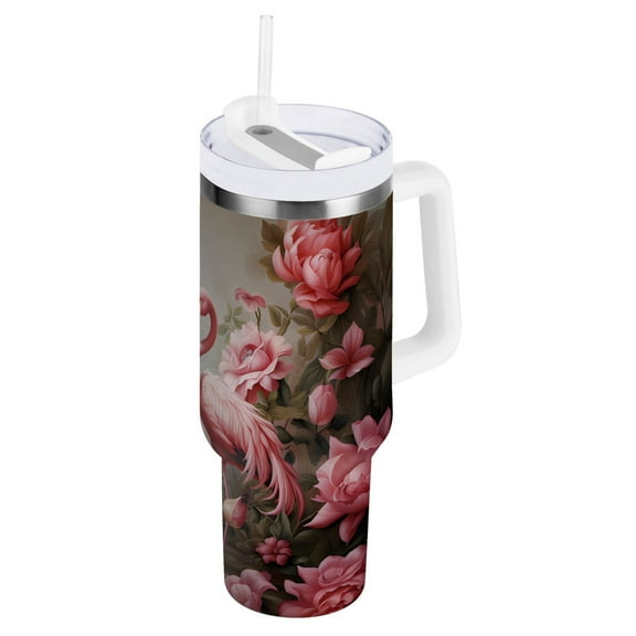 Flamingo and Flowers Tumbler with Handle and Straw Insulated Travel Mug Reusable Stainless Steel Water Bottle 30 oz