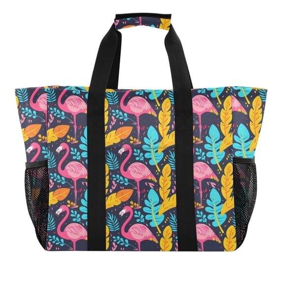 Flamingo and Leaves Reusable Grocery Bags with Handle Side Pocket Waterproof Shopping Portable Tote