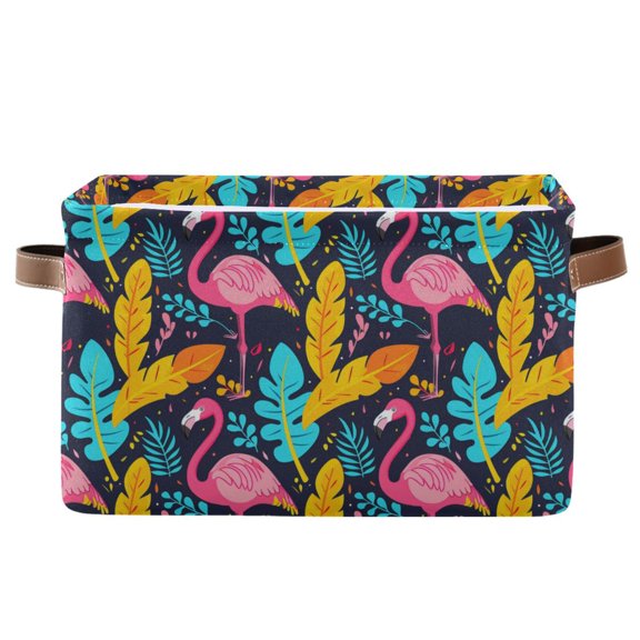 Flamingo and Leaves Storage Bins with Handle Fabric Organizer Basket Foldable Box 1 Pack 14.2x10.2x8.3