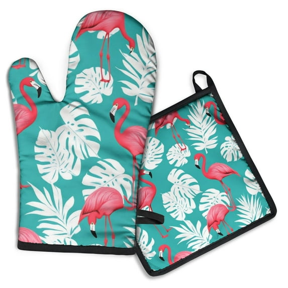 Flamingo and Palm Leaves Tropical Hawaii Kitchen Oven Mitt and Pot Holder Sets 2 Pcs for Baking, Cooking and Grilling, Heat Resistant Up To 392 °F