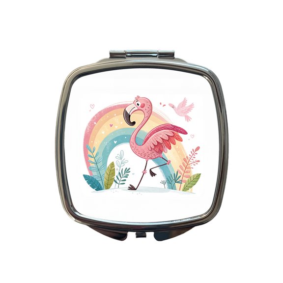 Flamingo and Rainbow Children's Illustration Style Travel Makeup Handbag Purse Small Pocket Compact Mirror