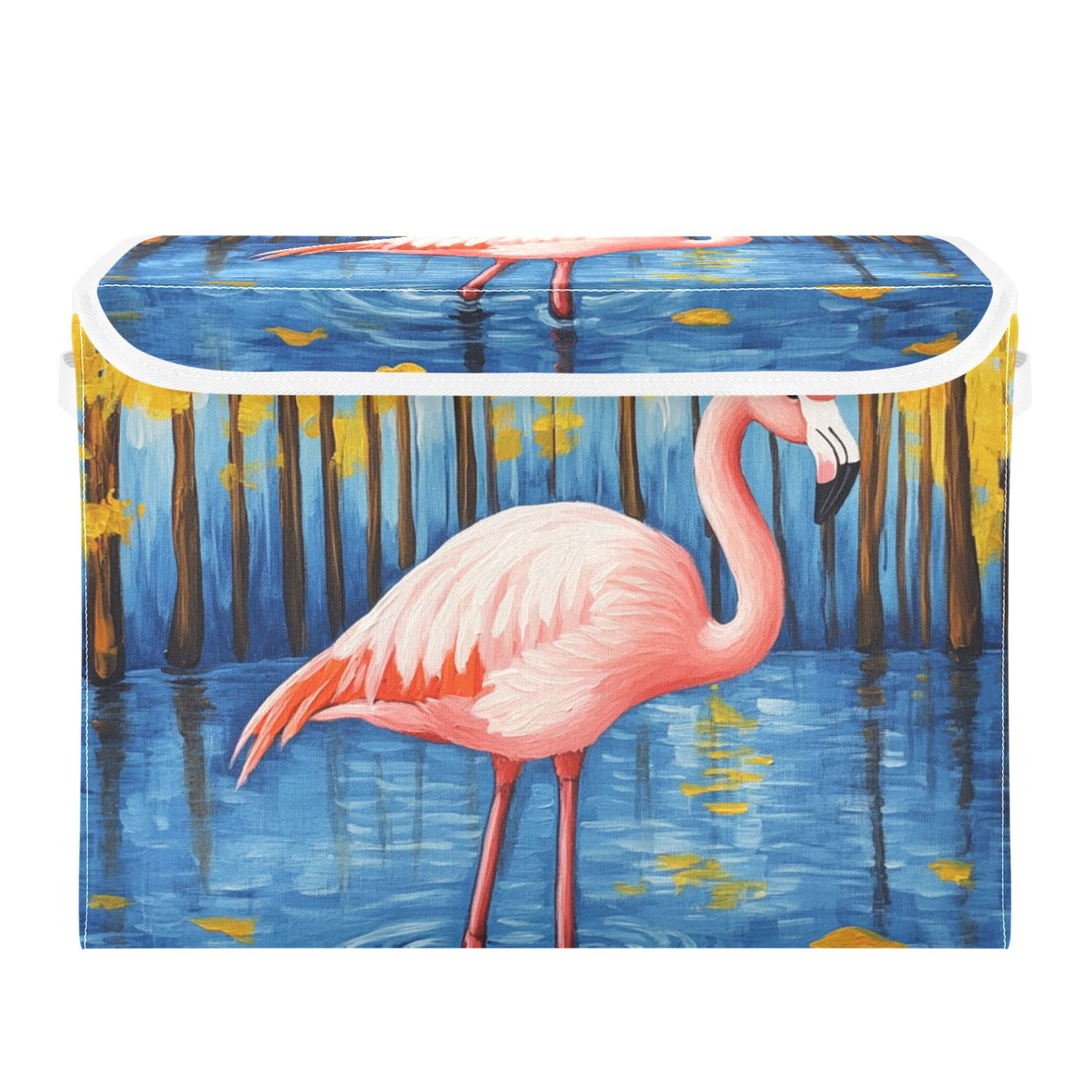 Flamingo in Blue Water Yellow Trees Foldable Storage Bin with Lid and ...