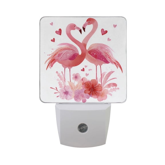 Flamingo in Love Valentine Flowers Hearts LED Night Light Sensor Lamp Plug-in Adjustable Brightness 2 Pack