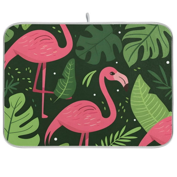 Flamingo in Palm Leaves Dish Drying Mats Kitchen Mat Microfiber Counter Absorbent Dish Pad Drainer Rack 16"x18"