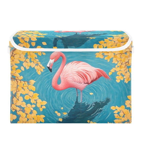 Flamingo in Water Yellow Leaves Foldable Storage Bin with Lid and Handle Collapsible Storage Box 16.5 x 12.6 x 11.8 inches