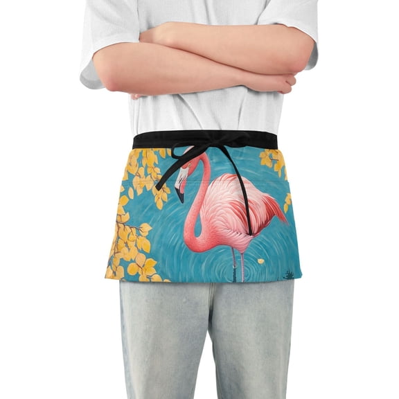 Flamingo in Water Yellow Leaves Short Server Apron with 3 Pockets for Unisex Chef Gardening