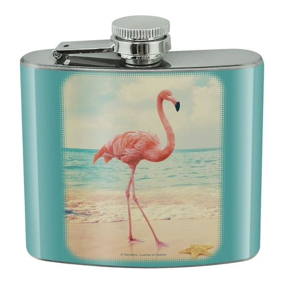 Flamingo on Beach Starfish Retro Stainless Steel 5oz Hip Drink Kidney Flask