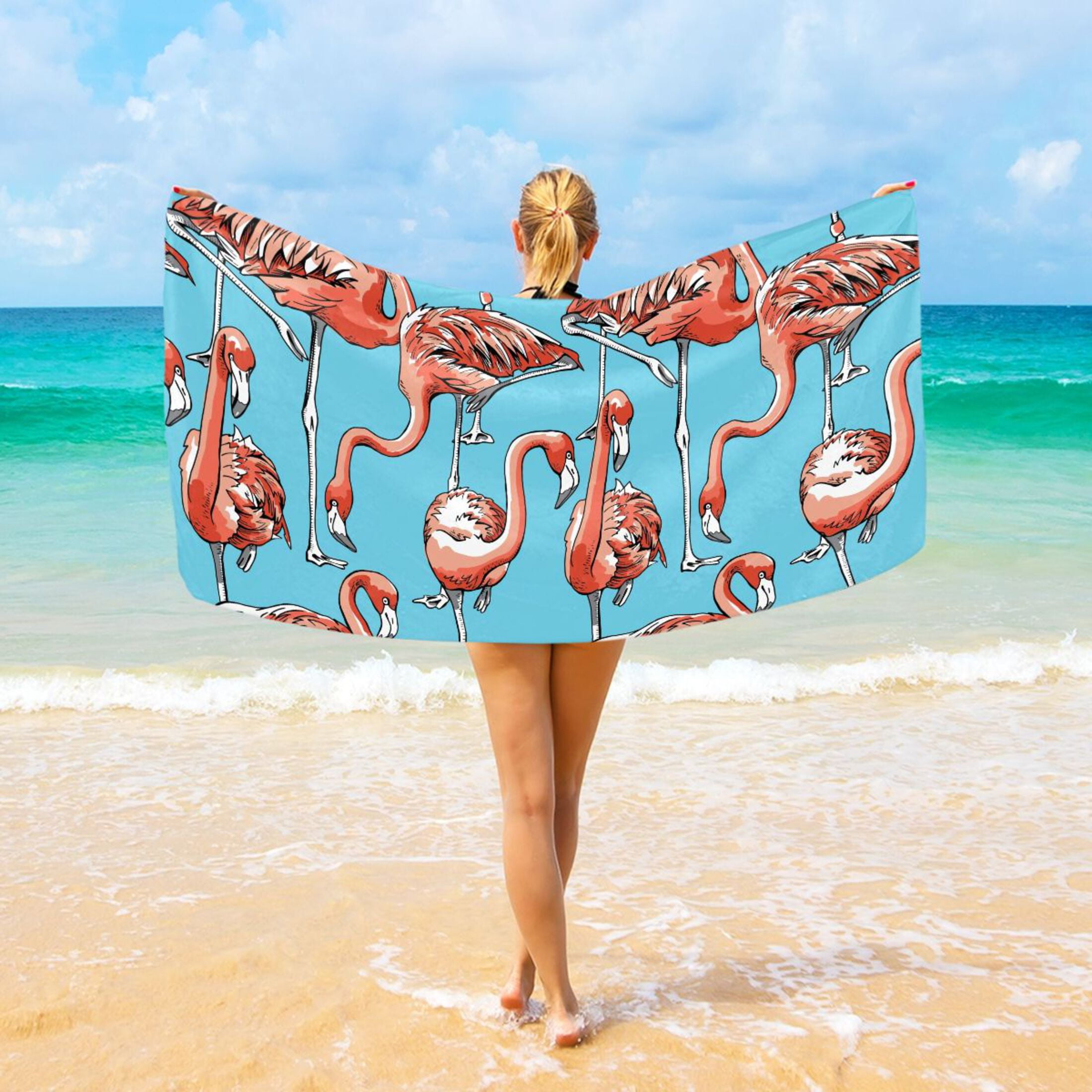 Flamingo on Blue Beach Towel Camping Towel Microfiber Oversized 37