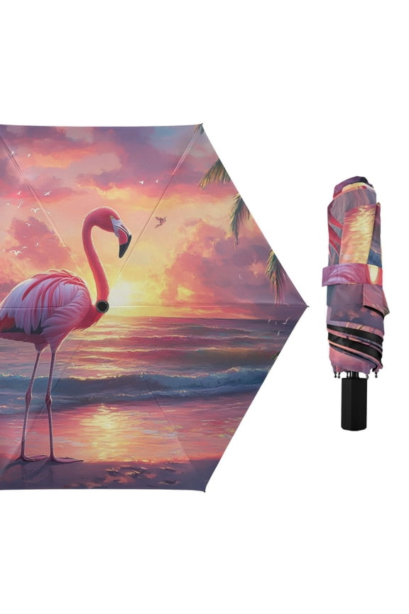 Flamingo on Dreamy Sunset Beach All Weather Umbrella Triple Folding Parasol 6 Ribs UV Protection Portable