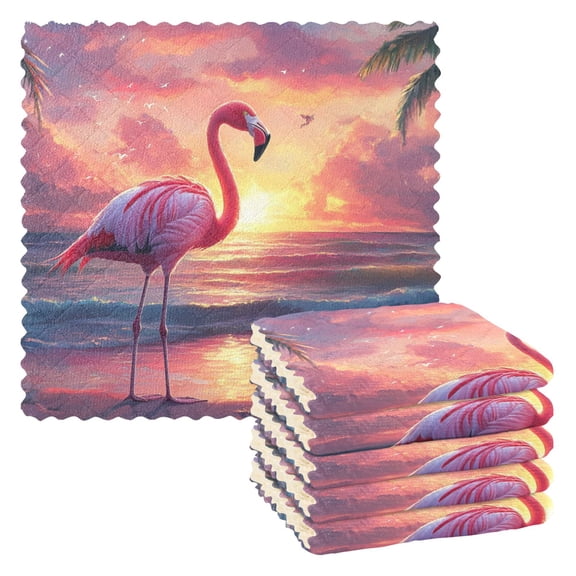 Flamingo on Dreamy Sunset Beach Dish Cloths Dish Towels Cleaning Cloths Quick Drying Reusable 11" x 11" Set of 6