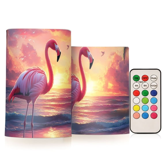 Flamingo on Dreamy Sunset Beach Flickering Flameless Candles LED Tealight Battery Operated with Remote Set of 2 Holiday Decor Ornaments
