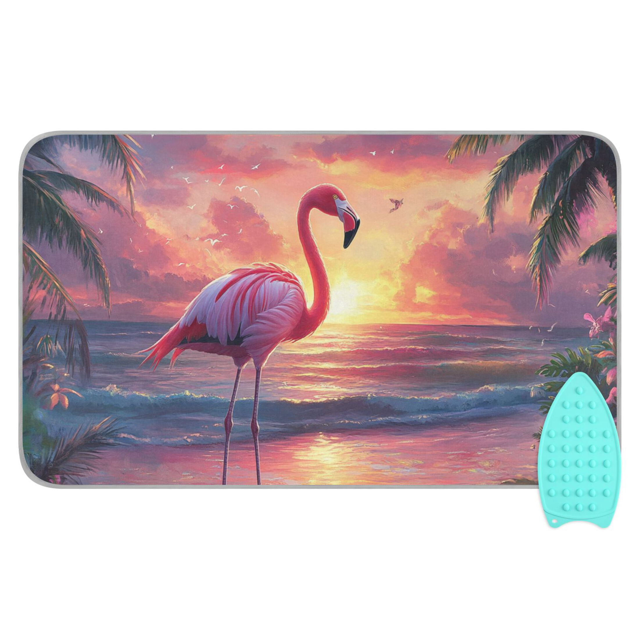 Flamingo on Dreamy Sunset Beach Ironing Mat Blanket Portable Travel Ironing Pad Heat Resistant Pad 47.2" x 27.6”