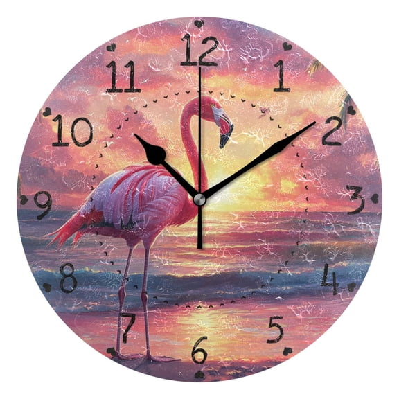 Flamingo on Dreamy Sunset Beach Round Wall Clock Silent Analog Battery Operated Black Pointer Home Decor 9.84" Diameter