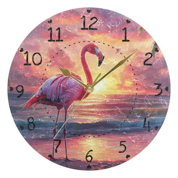 Flamingo on Dreamy Sunset Beach Round Wall Clock Silent Analog Battery Operated Gold Pointer Home Decor 9.84" Diameter