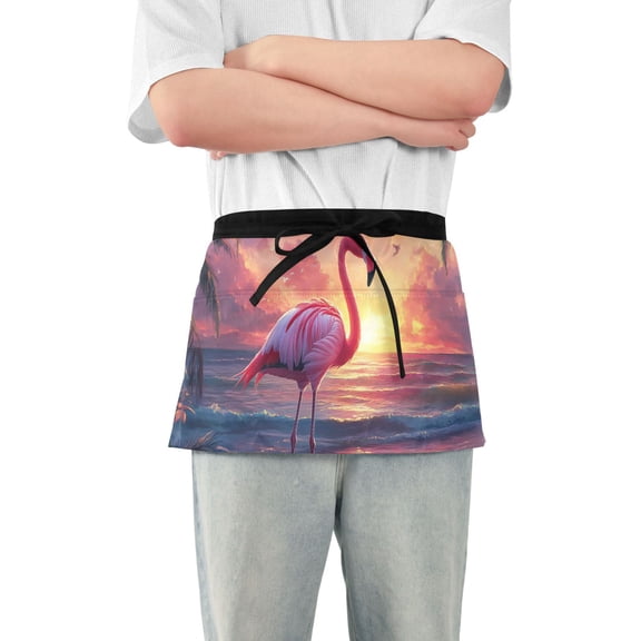 Flamingo on Dreamy Sunset Beach Short Server Apron with 3 Pockets for Unisex Chef Gardening