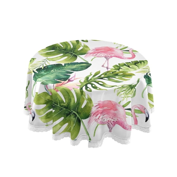 Flamingo on Tropical Palm Leaves Round Tablecloth 60" Reusable Circle Table Cover Washable Table Cloth for Kitchen Dining Room Patio Wedding Party