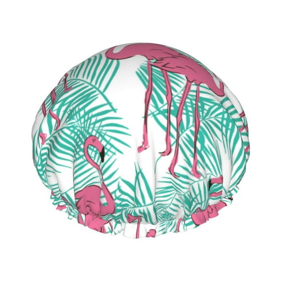 Flamingo print Shower Cap, Double Layers Shower Cap Rreusable Waterproof, Elastic Bathing Hair Hat for Women, Washable Hair Cap for All Hair Lengths