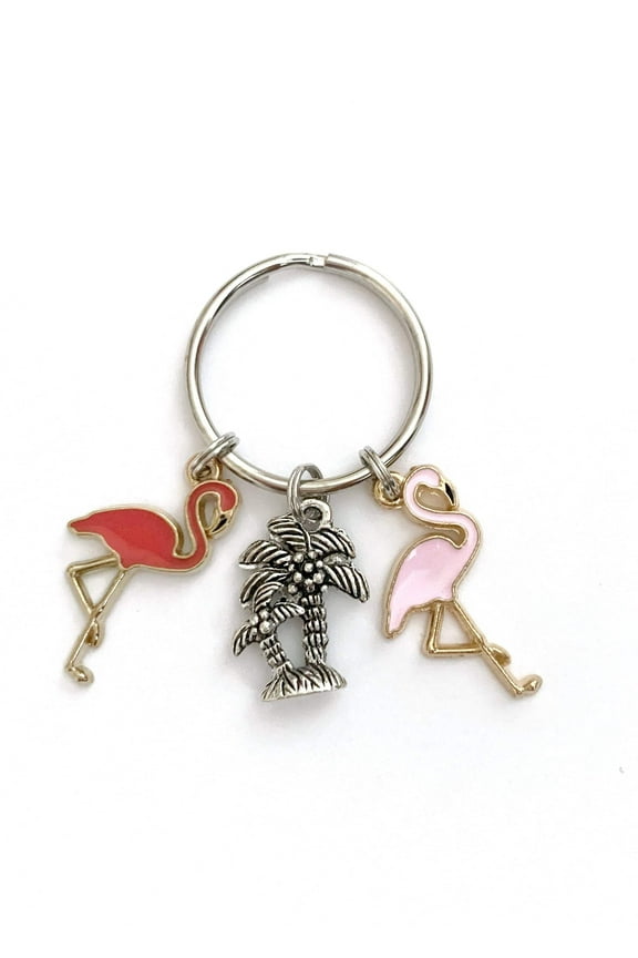 Flamingo themed keychain. Gift for Flamingo Lovers, Bag and Key Identifier. Includes Palm Tree and Two Flamingo Charms.