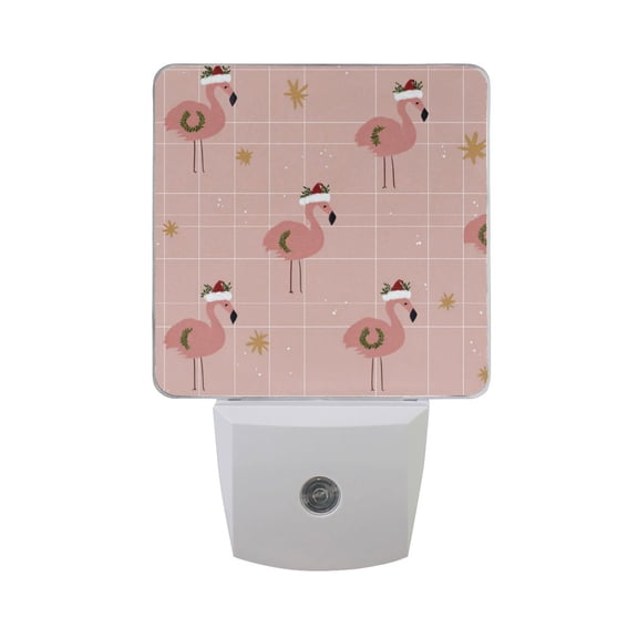 Flamingo with Christmas Hats Stars LED Night Light Sensor Lamp Plug-in Adjustable Brightness 2 Pack