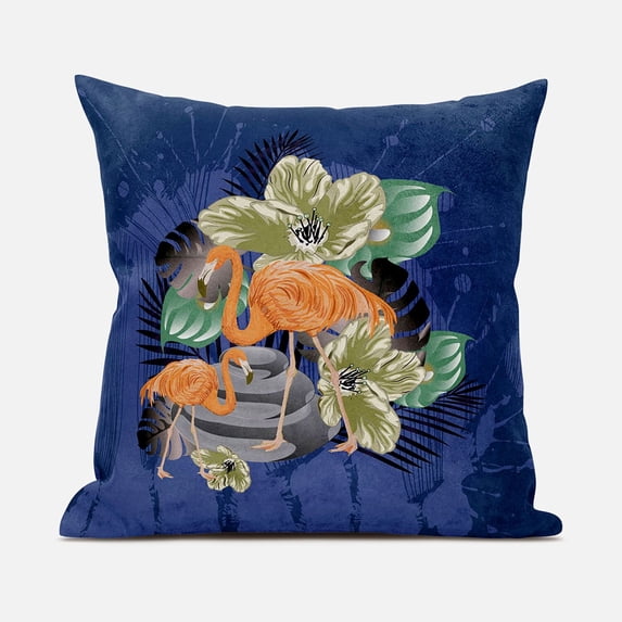 Flamingo with Flower Indoor/Outdoor Pillow with Removable Cover in Green Black Blue20x20