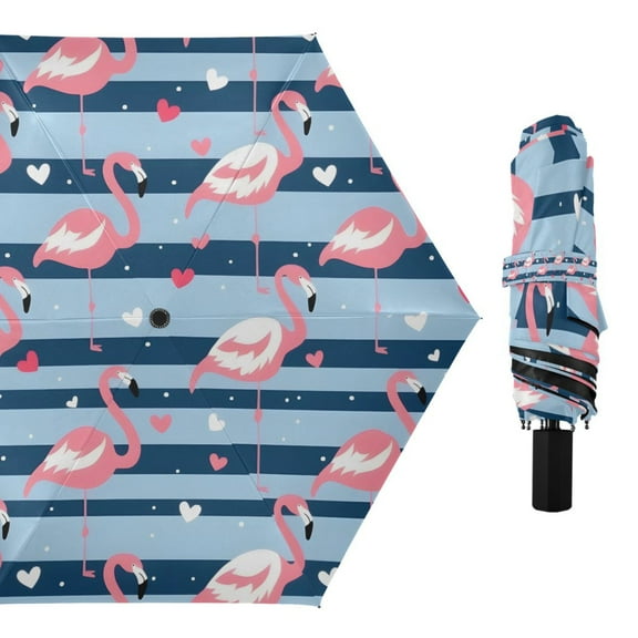 Flamingo with Heart Compact Sun Umbrella Windproof Travel Umbrellas for Rain Strong Portable UV Protection