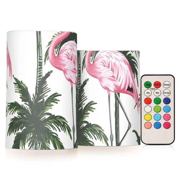 Flamingo with Palm Trees Flameless CandlesLED Lights Battery Operated Candles with Remote and Timers Flicker Lights Votive Set of 2