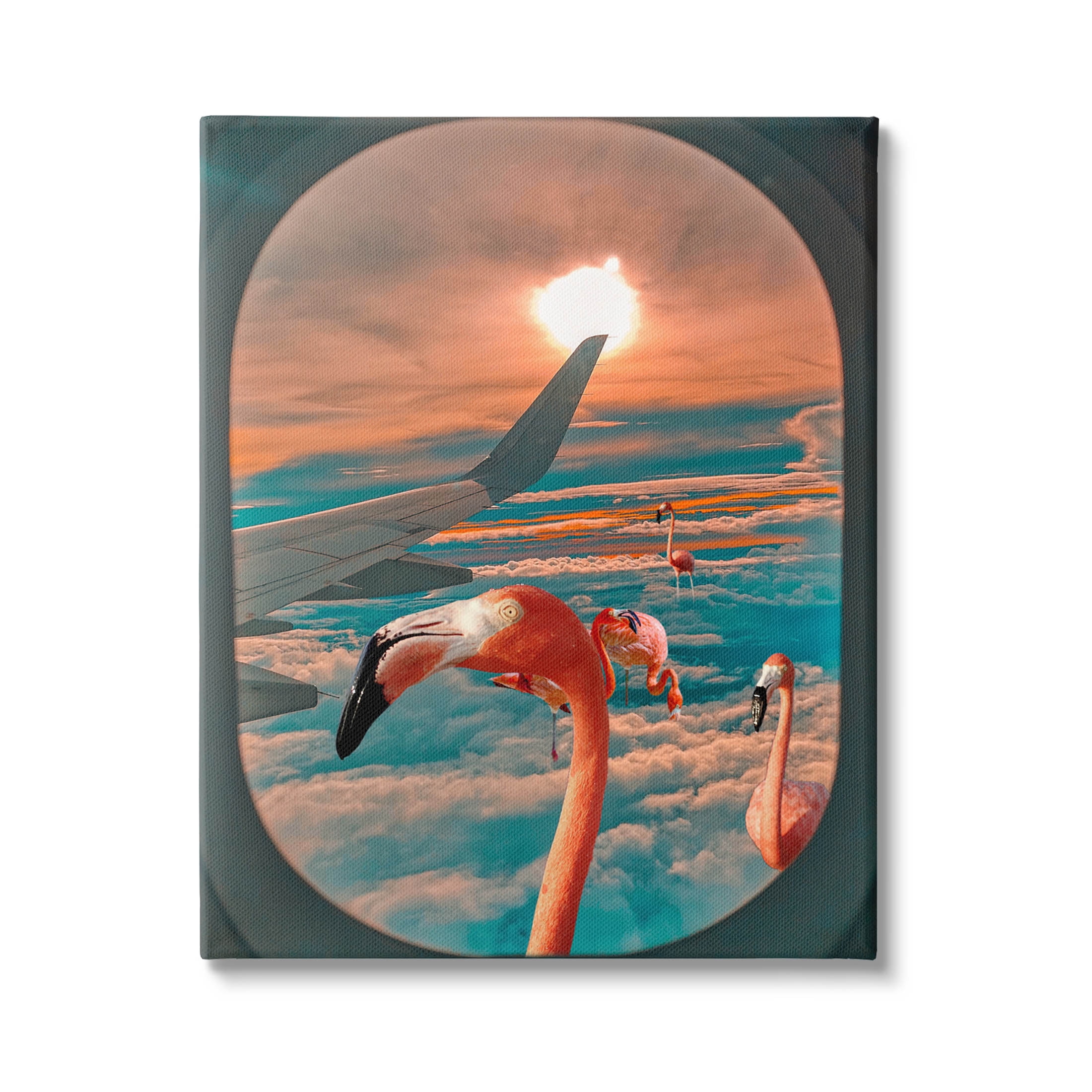 Flamingoes Airplane Window Clouds Graphic Art Canvas Print