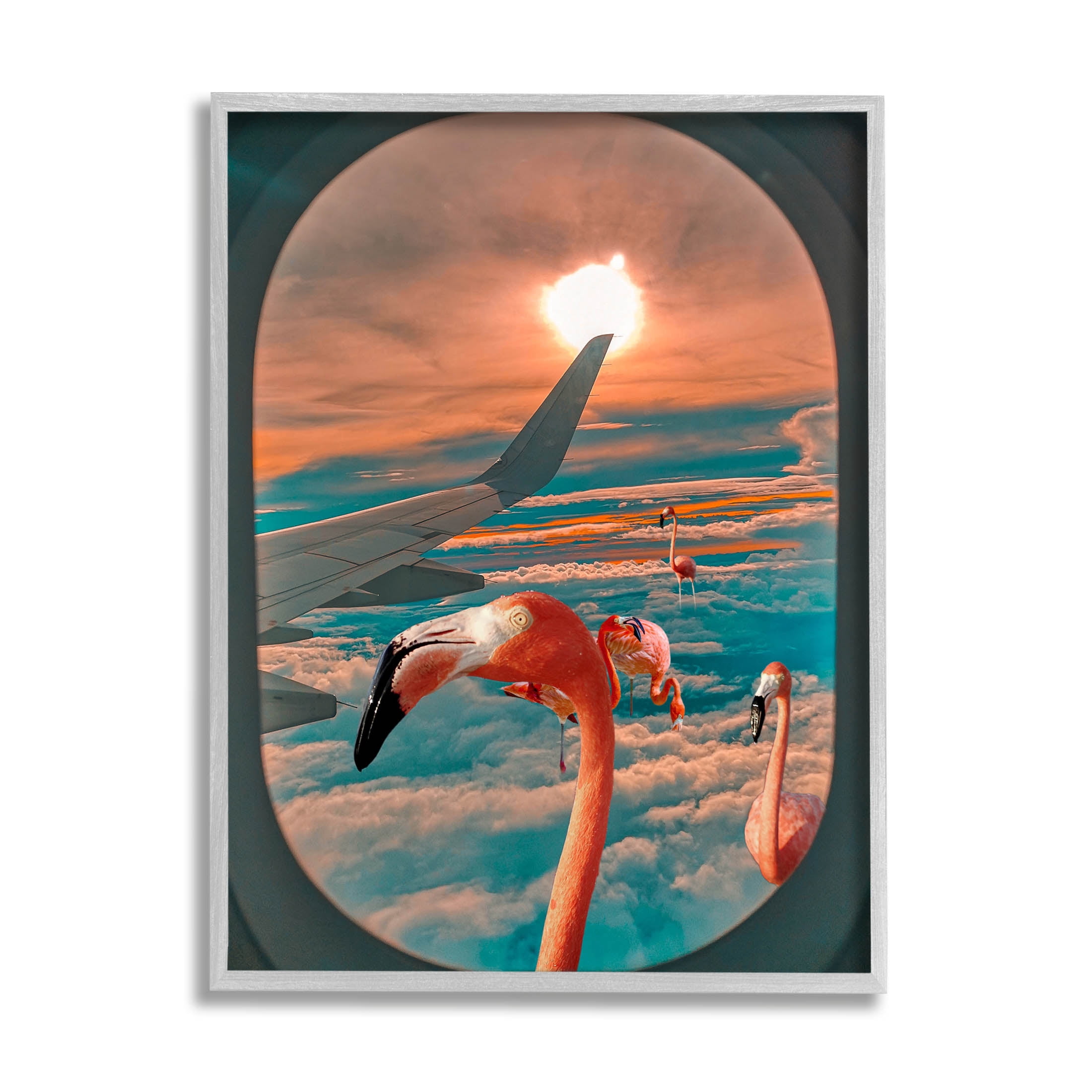 Flamingoes Airplane Window Clouds Animals & Insects Graphic Art Gray Framed Art Print Wall Art