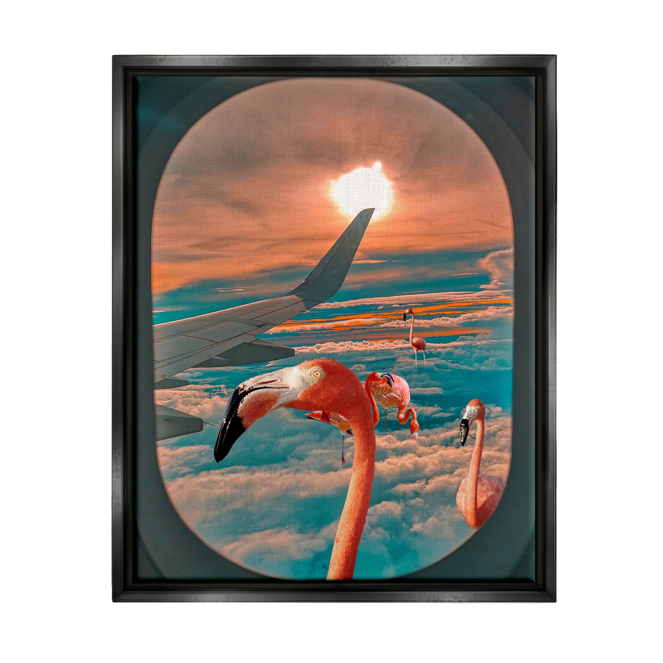 Flamingoes Airplane Window Clouds Animals & Insects Graphic Art Jet Black Framed Art Print Wall Art