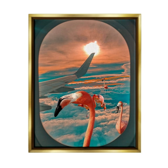 Flamingoes Airplane Window Clouds Animals & Insects Graphic Art Metallic Gold Framed Art Print Wall Art