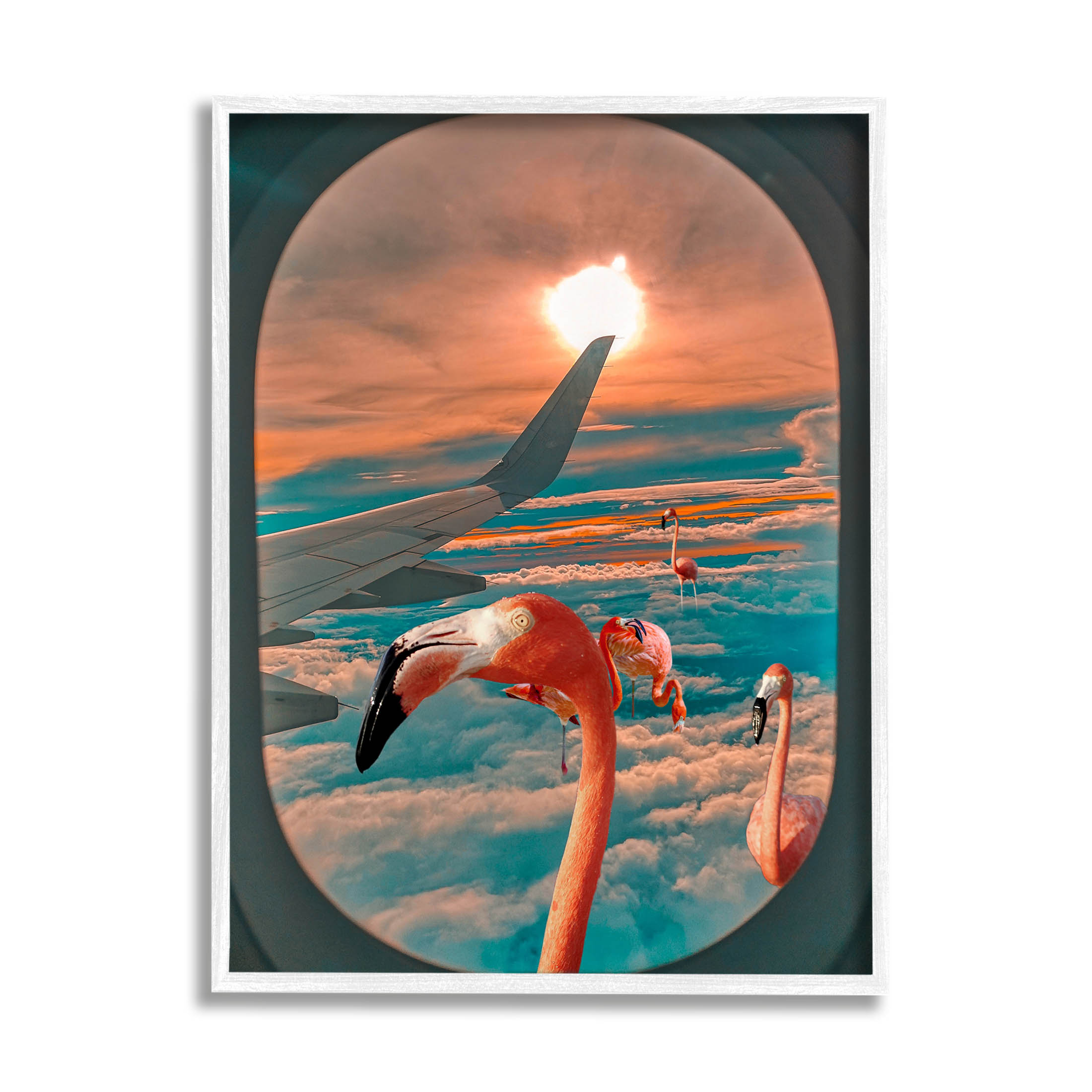 Flamingoes Airplane Window Clouds Animals & Insects Graphic Art White Framed Art Print Wall Art