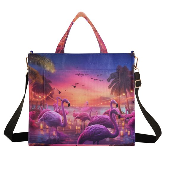 Flamingoes Coconut Trees Birds Lamb Corduroy Tote Bag Handbag Large Messenger Bag Shoulder Crossbody Zipper Bag Purse