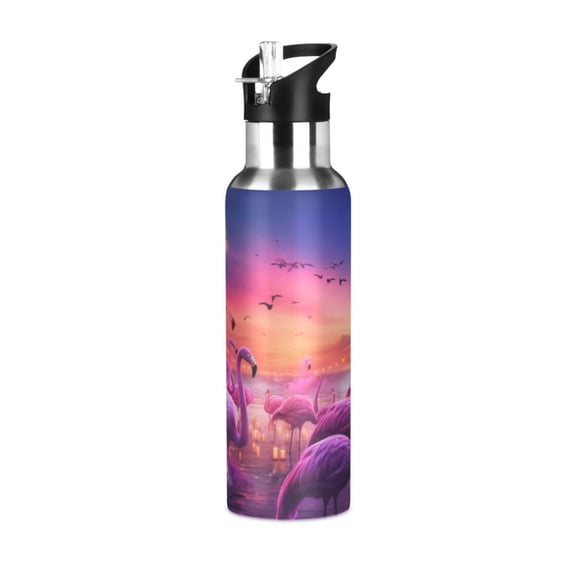 Flamingoes Coconut Trees Birds Lamb Sports Water Bottle with Straw Lid Insulated Stainless Steel Leak Proof BPA Free Thermal Mug with Handle for Gym Yoga Cycling Camping