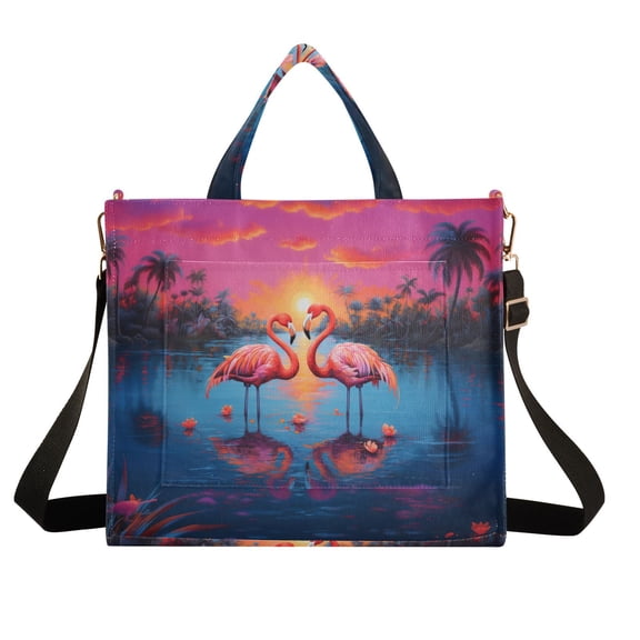 Flamingoes Coconut Trees Lake Corduroy Tote Bag Handbag Large Messenger Bag Shoulder Crossbody Zipper Bag Purse