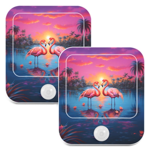 Flamingoes Coconut Trees Lake Night Lights Plug into Wall LED with Auto Light Sensor Warm Light for Kids Hallway Bedroom Living Room Kitchen Bathroom Set of 2