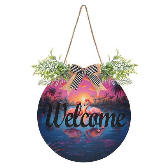 Flamingoes Coconut Trees Lake Welcome Sign for Front Door Wreath Door Sign for Farmhouse Porch Decoration Indoor Outdoor